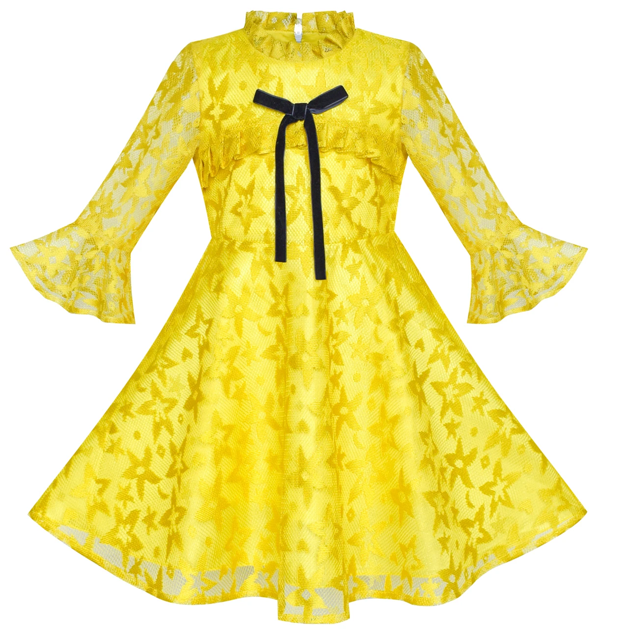 

Flower Girl Dress Lace Yellow lotus Sleeve Party Dress 2019 Summer Princess Wedding Dresses Children Clothes Pageant Sundress