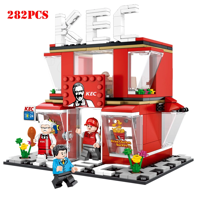 Tanie Mini ulica miasta widok klocki kawiarnia Hamburger sklep miasto Diy cegły zabawki dla dzieci prezenty świąteczne