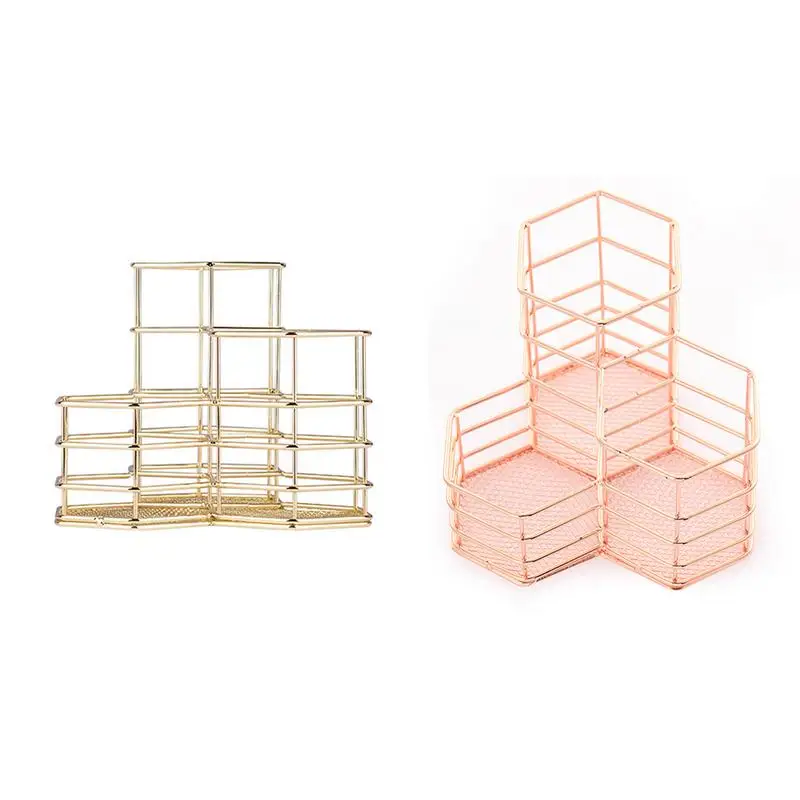Günstige Make up Pinsel Halter Hexagon Vase Metall Mesh Korb Schreibtisch Veranstalter Draht Goldenen Stift Bleistift Heißer Hohl Halter Schönheit Make Up Kit