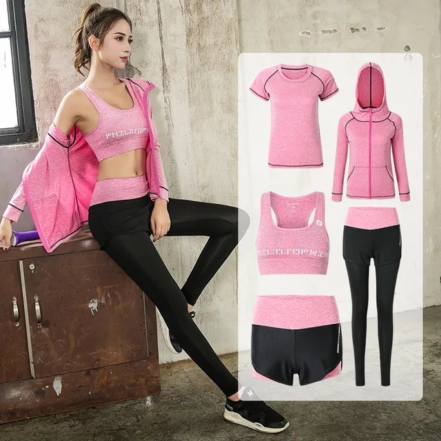 US $11.79 Hot Sale Yoga Set Jacket+tights Pants+short+yoga Shirt+sports Bras 5 Pieces Running Fitness Gym Clo