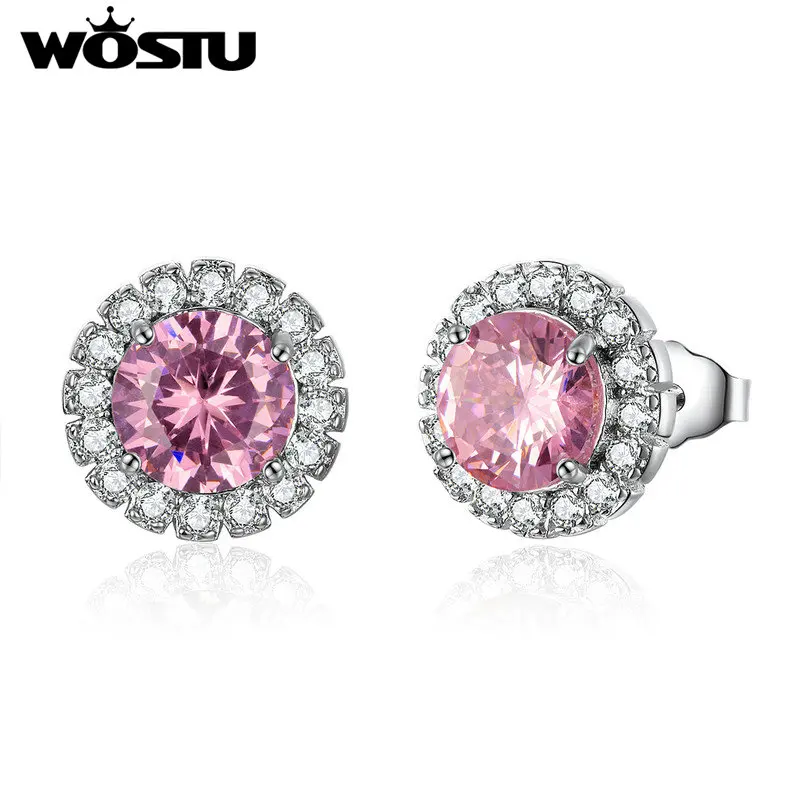 WOSTU новые модные розовые циркониевые серебряные серьги-гвоздики Свадебные блестящие серьги для женщин роскошные классические ювелирные изделия SDTE127