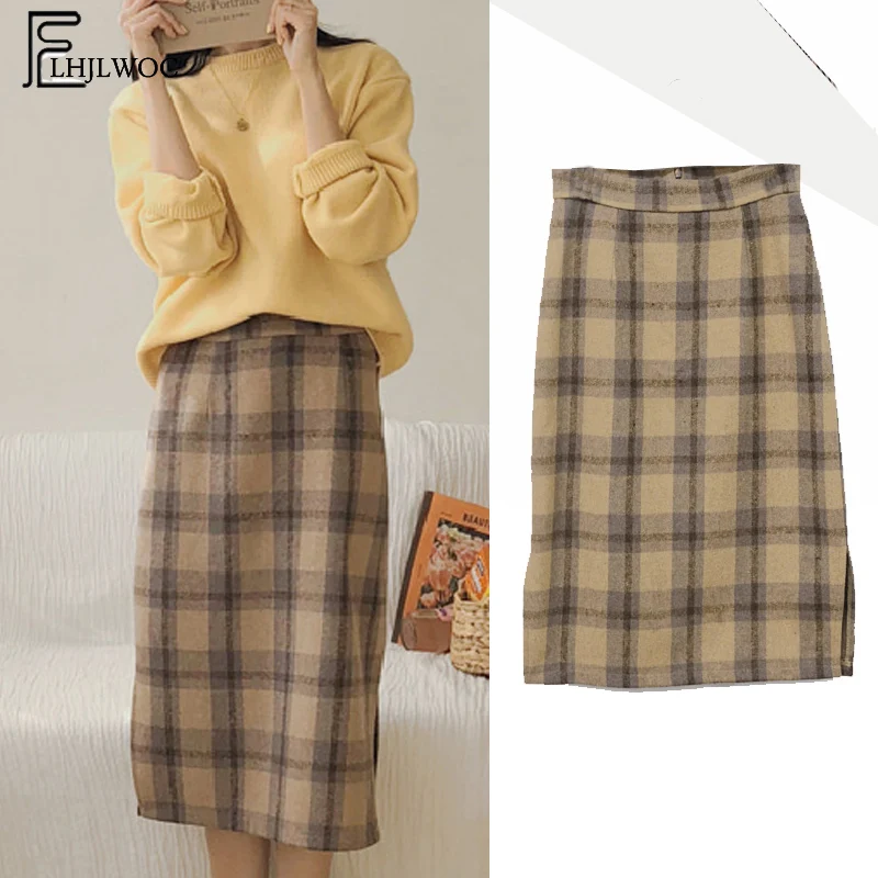 Милые юбки,, женская мода, корейский консервативный стиль, винтажная клетчатая юбка с высокой талией и разрезом, 6811