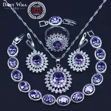 925 Sterling Silver Bridal Jewelry Purple Cubic Zircon Costume Jewelry Sets For Women Earrings/Pendant/Necklace/Rings/Bracelet