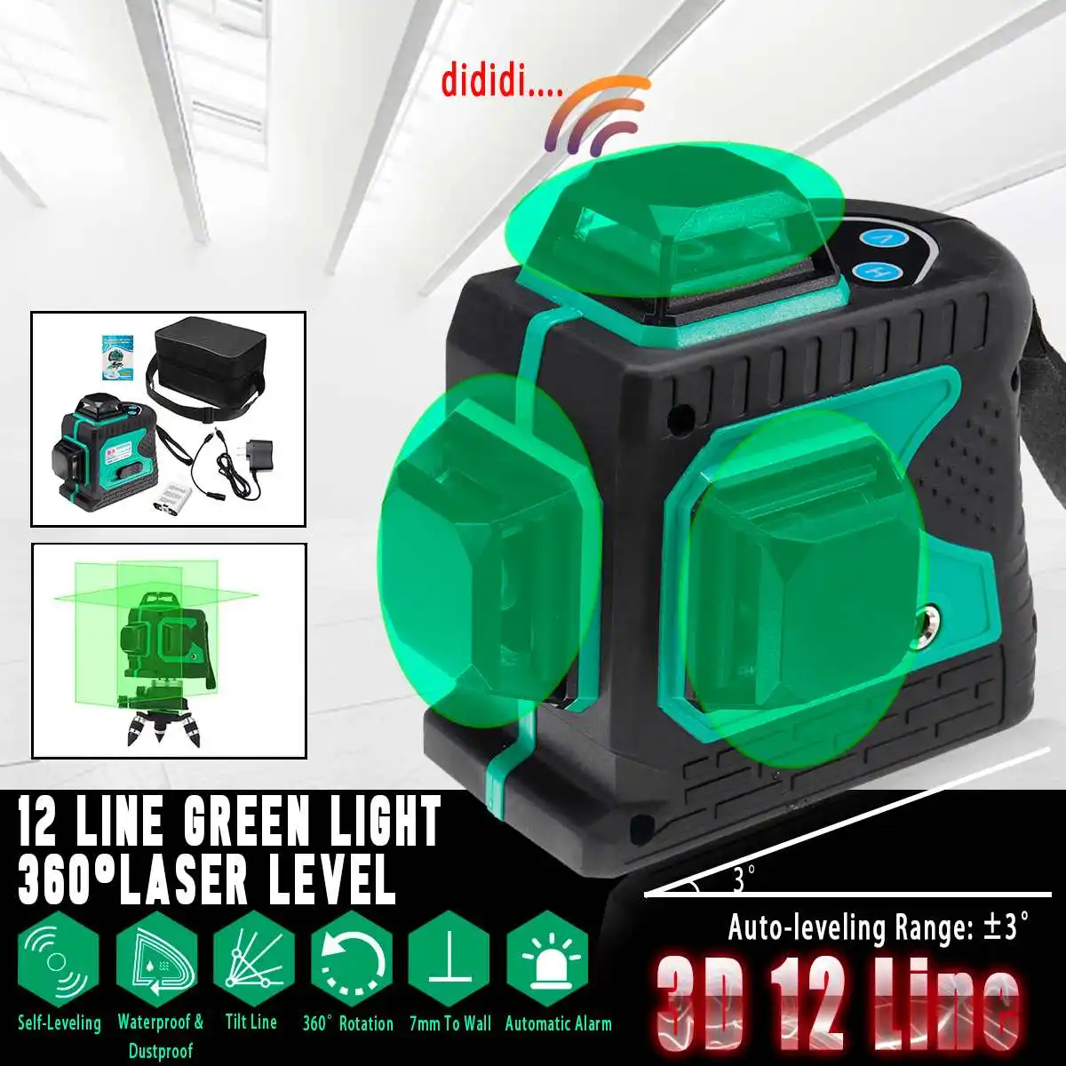 

3D 12 Line Green Light Laser-Level Auto Self Leveling 360 Degree Rotary Measure Cross Shockproof Waterproof Wear-resisting
