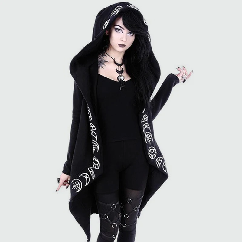 

5XL Plus Size Women Hooded Sweatshirt Chic Cotton Loose Irregular Hem Long Hoody Moon Plain Print Punk Black Gothic Hoodies