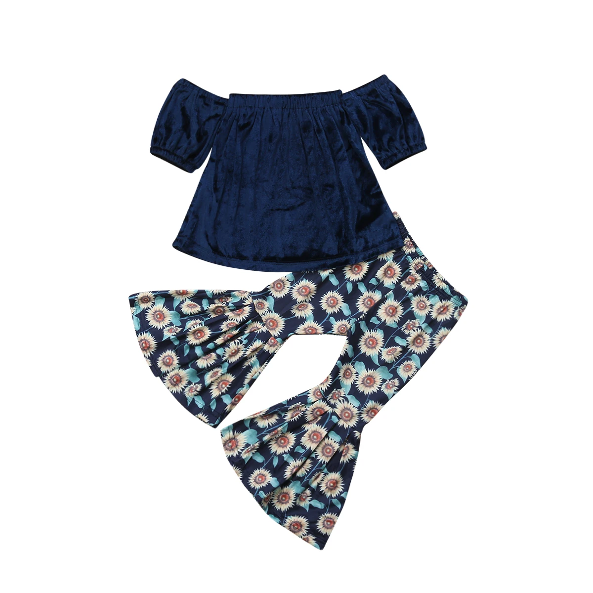 Navy blue off shoulder Ruffle Velvet Top flares Flower Pants for