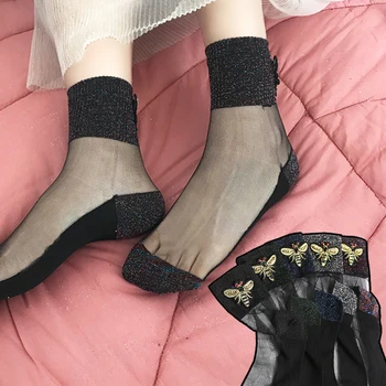 

High Quality Elastic Hosiery Popular 2020 Girls 1Pair Bee Embroidery Transparent Tube Socks Women Flanging Shiny Socks Glitter