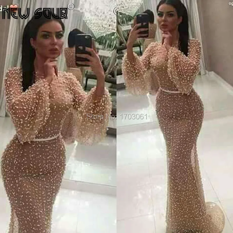 

Champagne Pearls Formal Party Gowns Mermaid Evening Dresses Arabic Turkish Dubai Party Gown Vestido De Festa Prom Dress New 2019