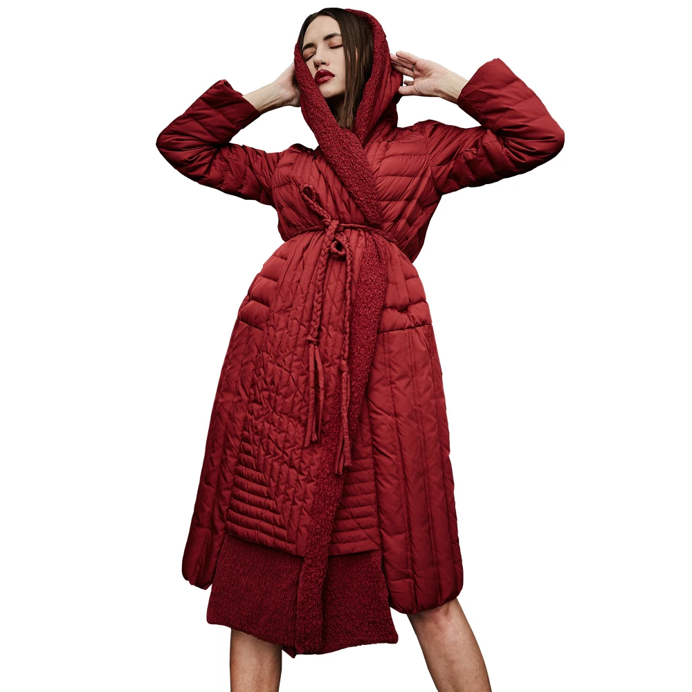 Femmes Cardigan D'hiver Chaud Femme Épais Vêtements Parka Capuche Avec Manteaux De Black Red wine Veste À Ceinture Casual Duvet Blanc Canard Doudoune Longue xT8IIY