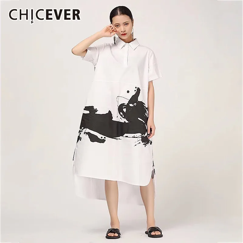 

CHICEVER Summer Casual Hit Color Print Women Dress Lapel Short Sleeve Split Hem Asymmetrical Loose Plus Size Dresses 2019 New