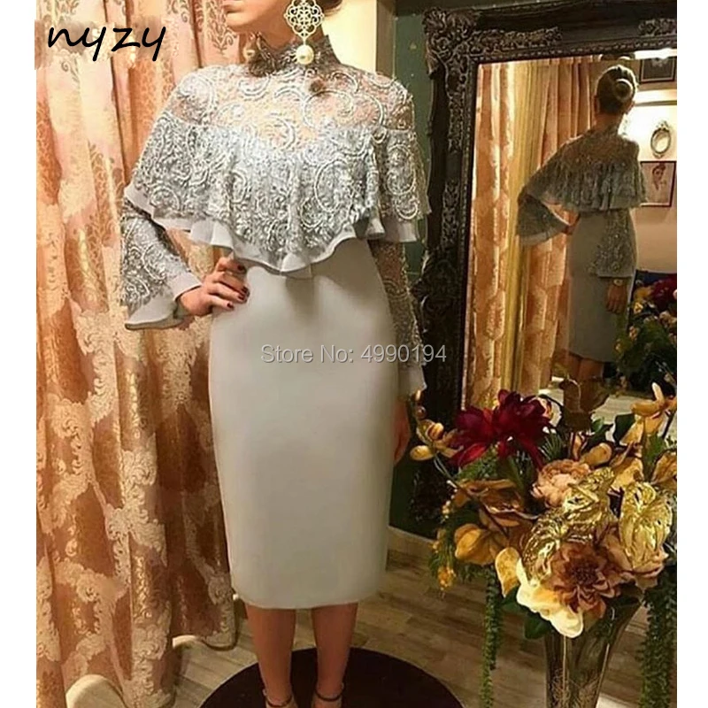 

NYZY C25 Cocktail Dresses Cape Cloak Silver Grey Lace Satin Tea Length High Neck Long Sleeve robe de cocktail longue soiree 2019