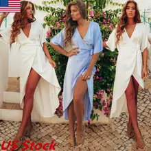 Женское повседневное богемное хлопковое льняное платье макси с коротким рукавом и v-образным вырезом блузка рубашка платье