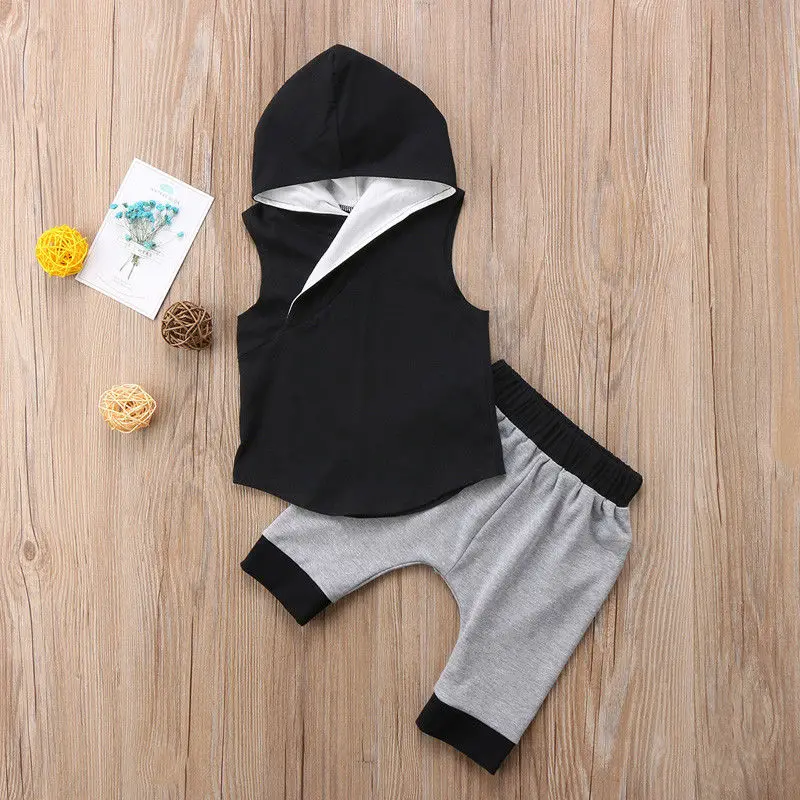 

New Cotton Cute Kid Baby Boys Vest Tops+Pants Shorts Outfits Hooded Clothes Set