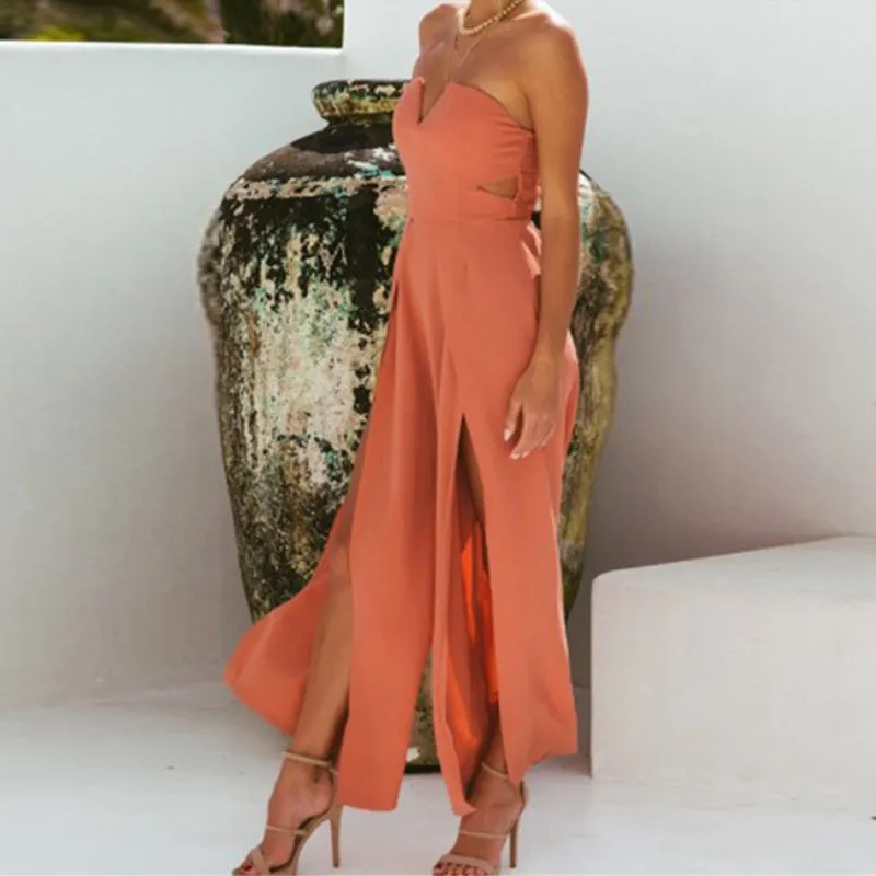 

New Fashion Women Sleeveless Orange Slim Jumpsuits Summer Hollow Out High Waist Wide Leg Long Rompers
