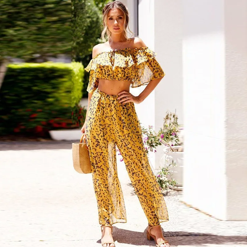 

ZOUHIRC Summer Bohemian Floral Printed High Waist Long Pants Short Tops Ruffles Sexy Women Suits Beach Chiffon Pants Tops Set