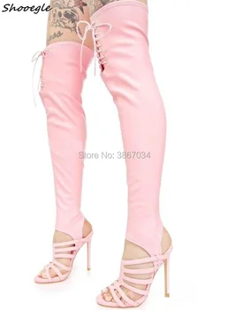 

SHOOEGLE Pink Stretch Fabric Long Boots Women Gladiator Lace up High Heels Peep Toe Cut outs Elastic Thigh High Boots Spring