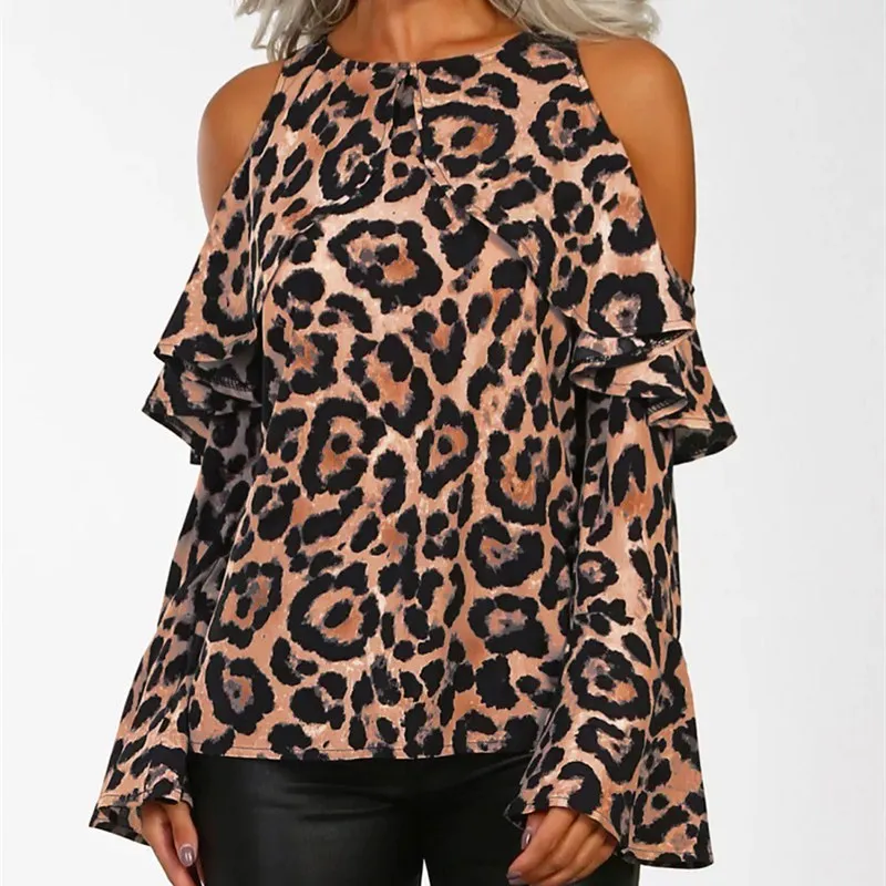 New Women Leopard Print Sexy T-Shirts Off-shoulder O-Neck Ruffles Tees Autumn Winter Flare Sleeve Slim Tops New Women Leopard Print Sexy T-Shirts Off-shoulder O-Neck Ruffles Tees Autumn Winter Flare Sleeve Slim Tops