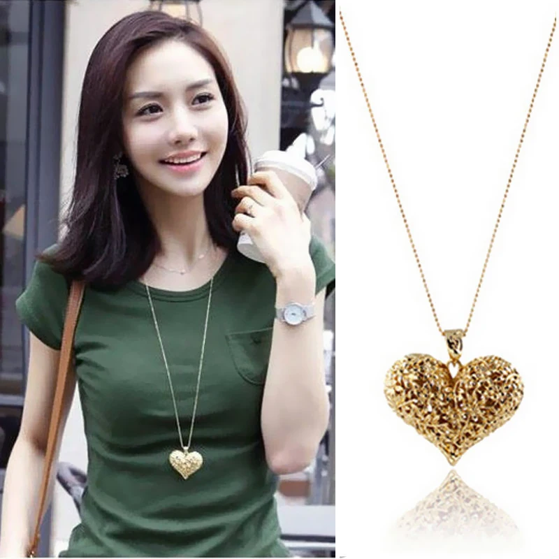 

Charm Carved Gift Long section Womens 1 piece Hollow Hollow Pendant Charm Necklace Heart-shaped Sweater chain New