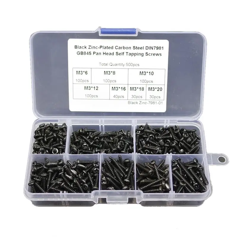 500PCS/Lot Alloy Steel M3 Grade12.9 Pan Head Round Head Self Tapping Screws Set with Storage Box for Home DIY Furniture Office