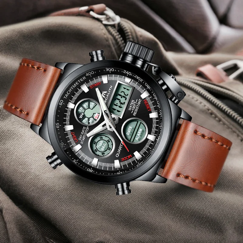 

MEGALITH Mens Watches Military Sports Waterproof Wristwatch Digital Multifunction Watch Male Clock Brown Genuine Leather Watch