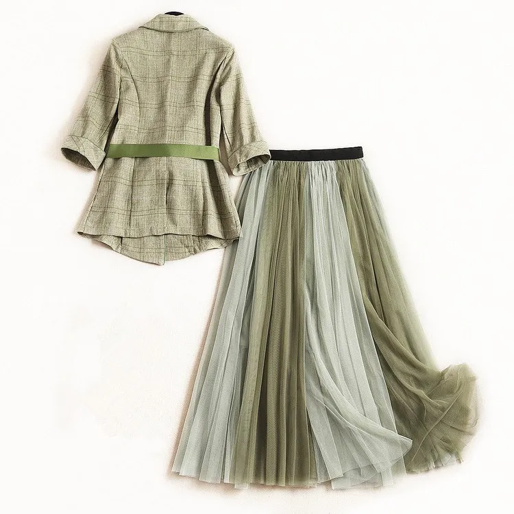 

Women 2019 Blazer Two Piece Set Bandage Irregular Blazer Mesh Pleated Skirts Work Suits Female Casual Plaid Outfits