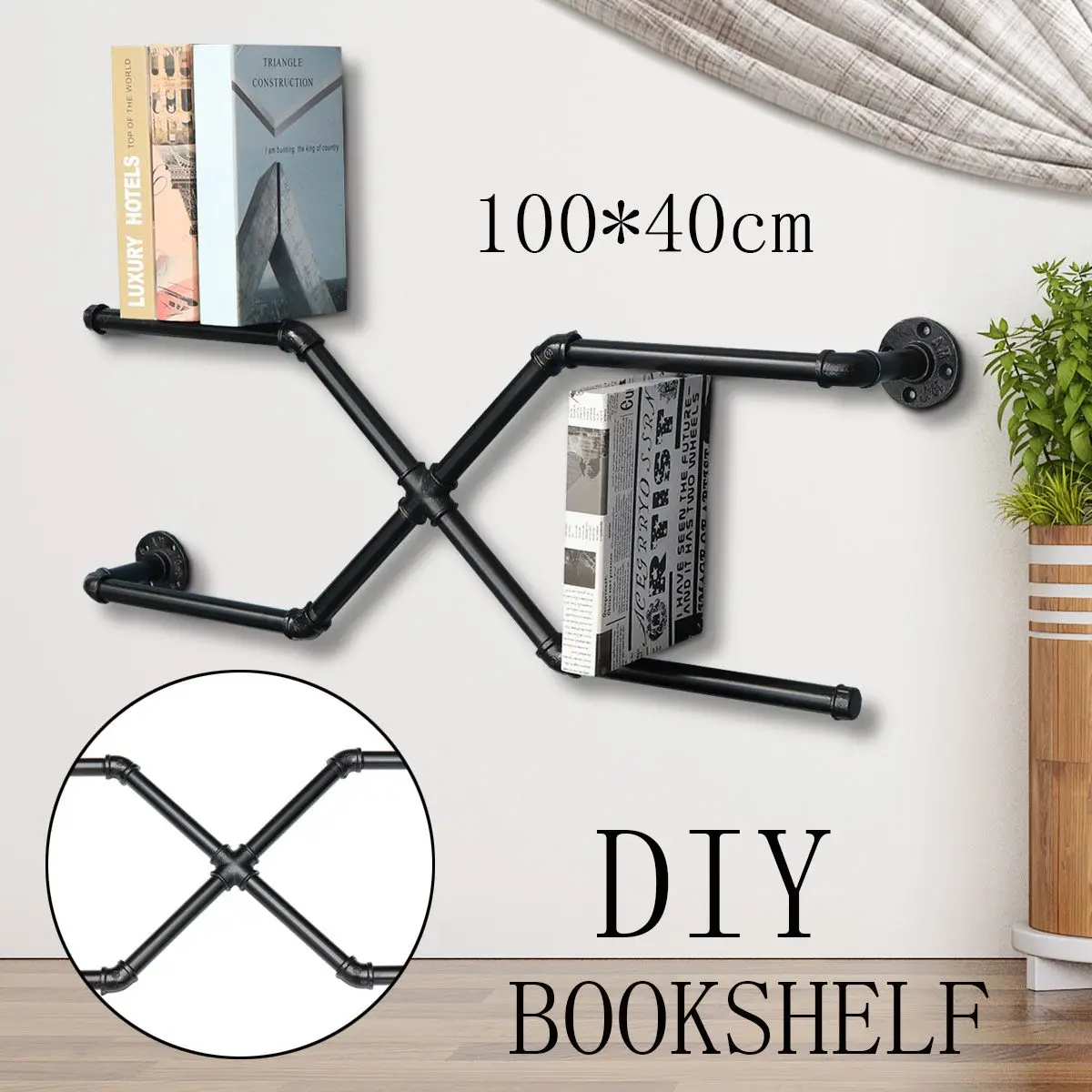 

Wall Hanging ThreeTiers Iron Pipe Book Shelf Retro Art Display Shelves Bookcase Decorative Bookshelf For Living Room
