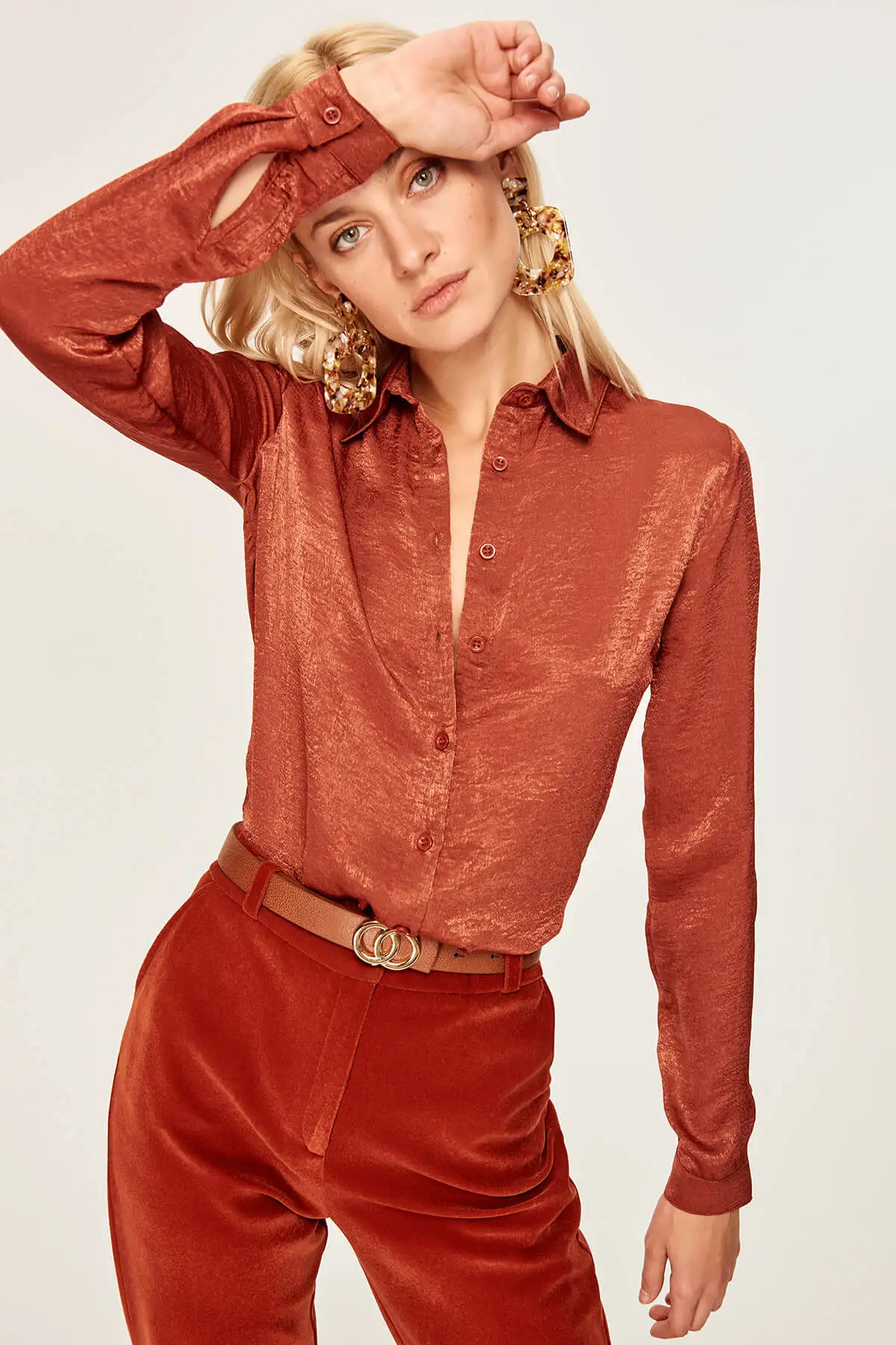 Trendyol Cinnamon satin shirt TOFAW19TR0014in Blouses & Shirts from