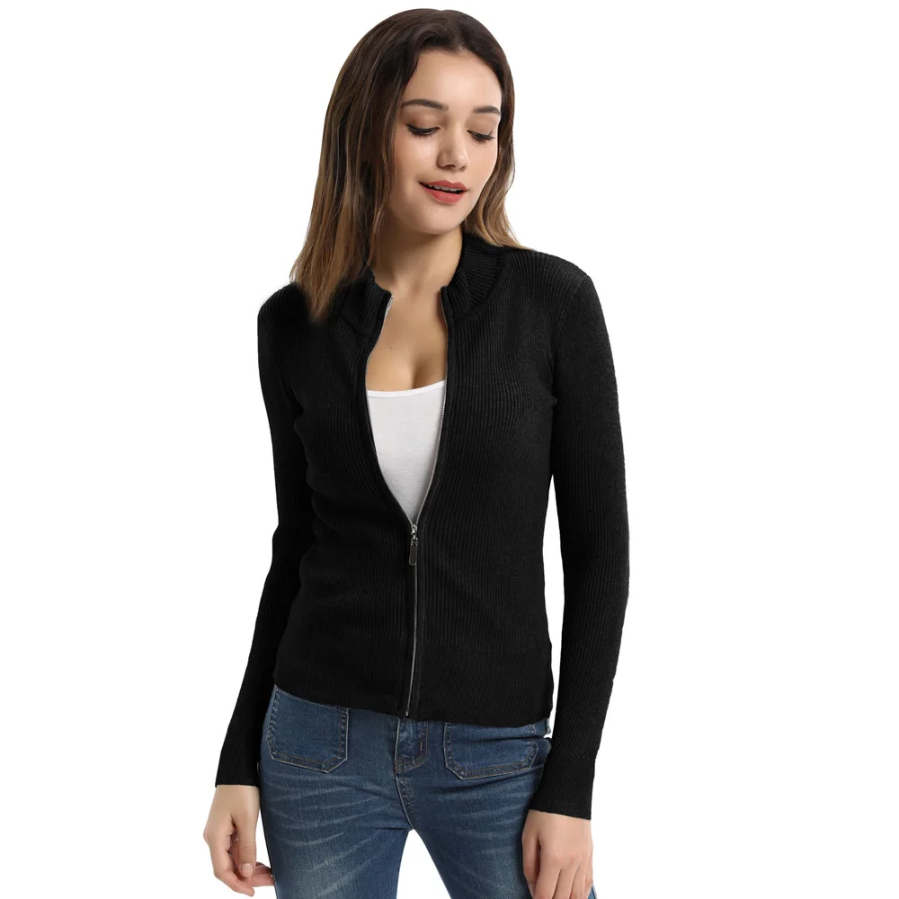 knitting sweater Women Spring Autumn classic Long Sleeve Stand Collar Zip-Up Knitwear Cardigan Coat jacket solid color slim tops