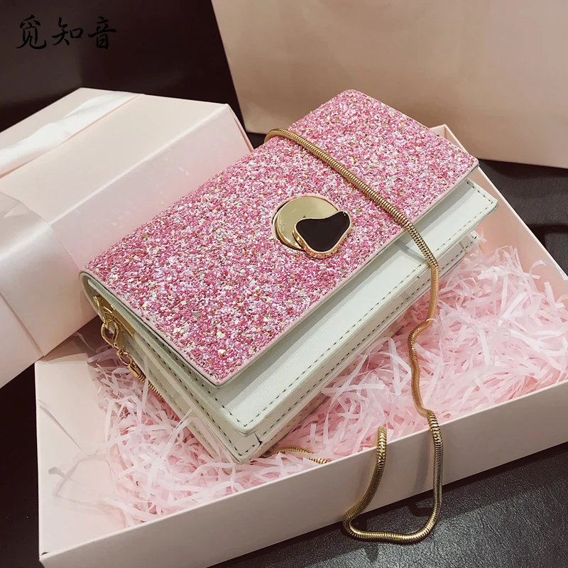 

Luxury Brand Sequin Square Bag 2019 Fashion New Quality Pu Leather Women's Designer Handbag Lock Chain Shoulder Messenger Bags