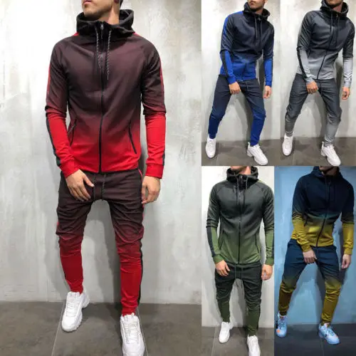 

2019 Hirigin 2Pcs Mens Tracksuit Set Zip Hooded Top Sweatshirt Gradient Exercise Slim Fit Hoodie Trousers Pants Set Size M-3XL