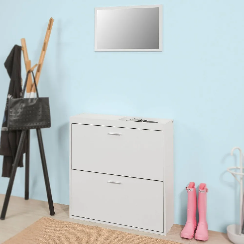 SoBuy FSR61-W, Hallway Furniture Set, Shoe Cabinet Shoe Rack Storage Cupboard with Wall Mirror