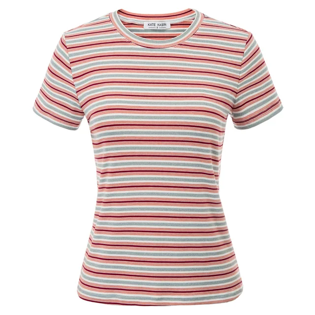 KK Women's vintage Casual knitting t shirt Striped pattern classic