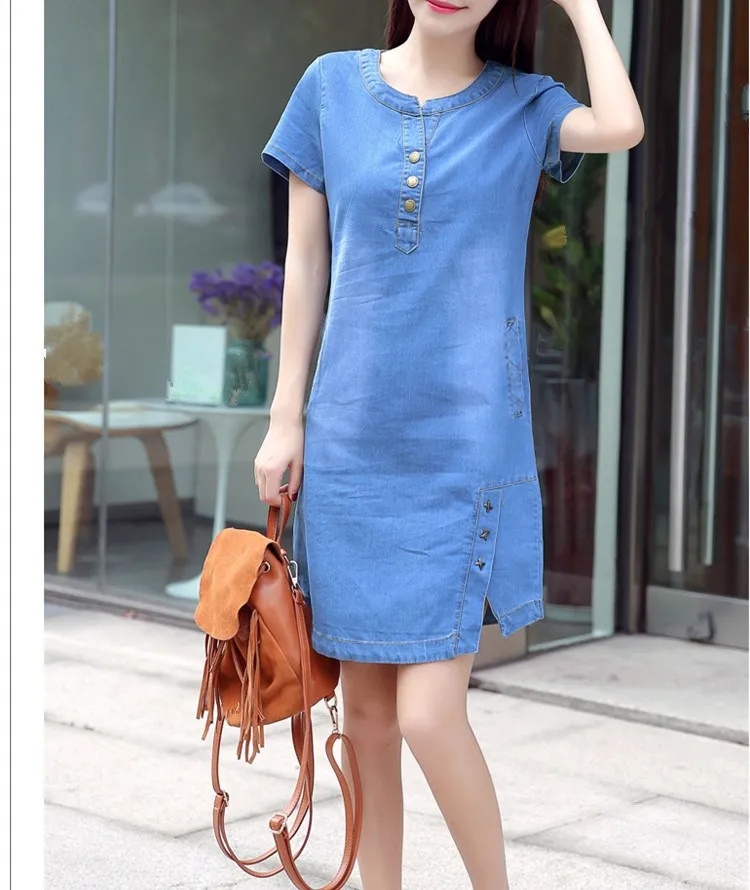 2019 Women Korean Casual Denim Dress Straight Summer Loose Jeans Dress With Button Pocket Sexy Denim Mini Dress
