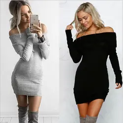 Зима с плеча трикотажные bodycon платье Для женщин Длинные рукава Осень сексуальное платье вечерние короткие белые платья vestidos свитер новый