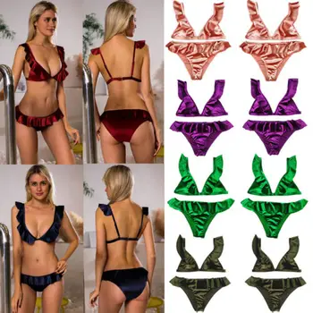 

2019 Women Sexy Two Piece Monokini Swimsuit New Summer Velvet Ruffle Swimwear Beachwear Push Up Triangle Thong Bathing Suit S-L
