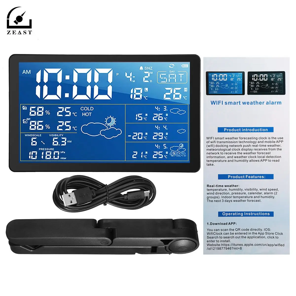

ZEAST Weather Station Wifi App Weather Report Clock Radio Digital Temperature Humidity Meter Thermometer Connecting Phone