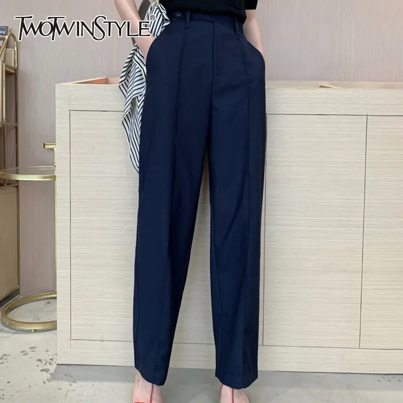 

TWOTWINSTYLE Spring Casual High Waist Women Pants Solid Large Size Straight Full Length Trousers Female 2019 Fashion Clothing