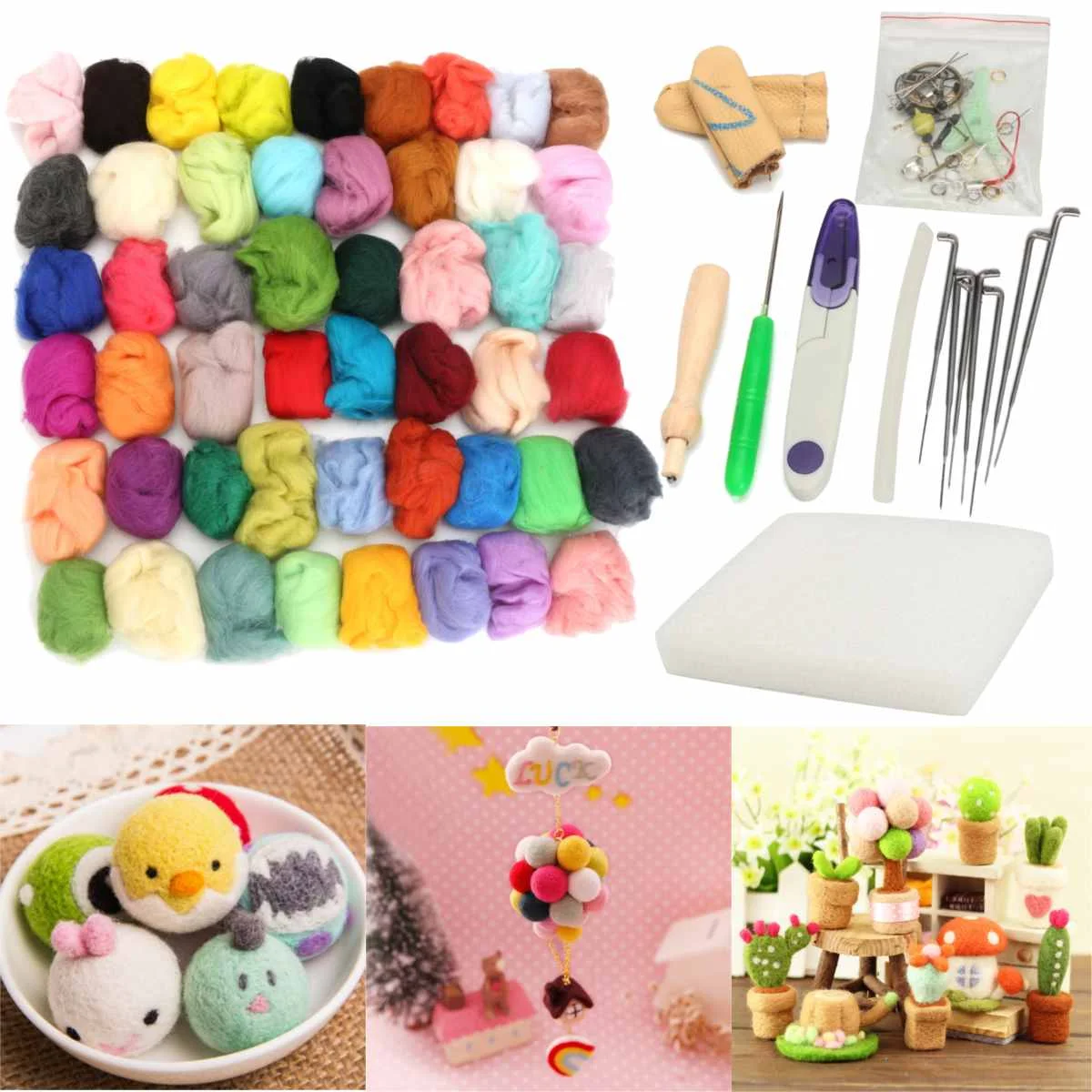 50 Colors DIY Wool Felt Roving Wool Felting Tool Kit Fiber Material