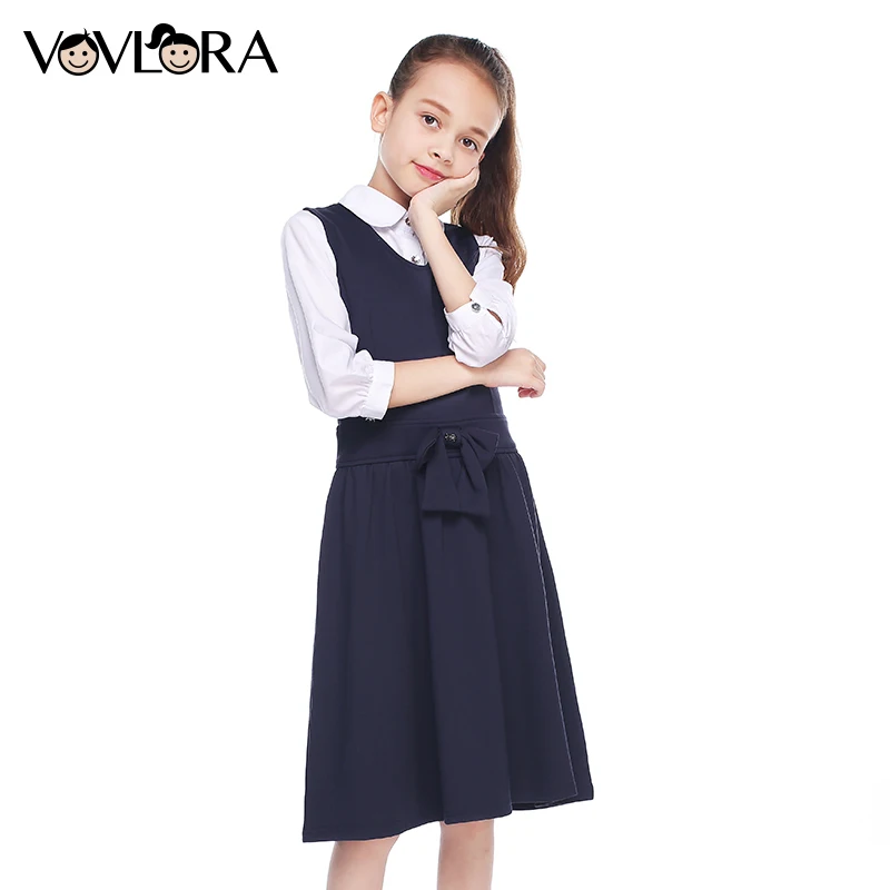 Kids School Dress V Neck A Line Sleeveless Girls Dress Solid Knitted Bow Children Clothes Casual 2018 Size 7 8 9 10 11 12 Years