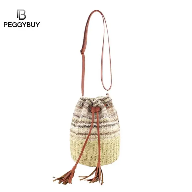 

Boho PP Beach Retro Women Casual Bucket Bag Drawstring Woven Straw Shoulder Handbag Women Drawstring Bucket Crossbody Bags
