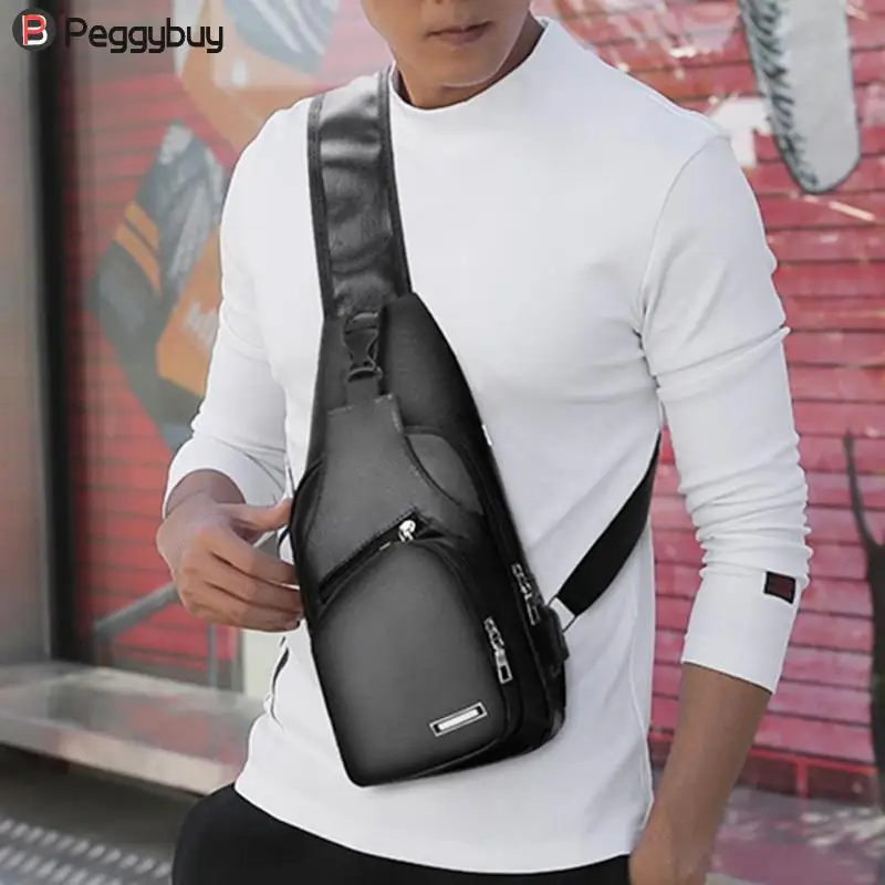 Vintage Men Shoulder Chest Bags USB Charging Crossbody Leather