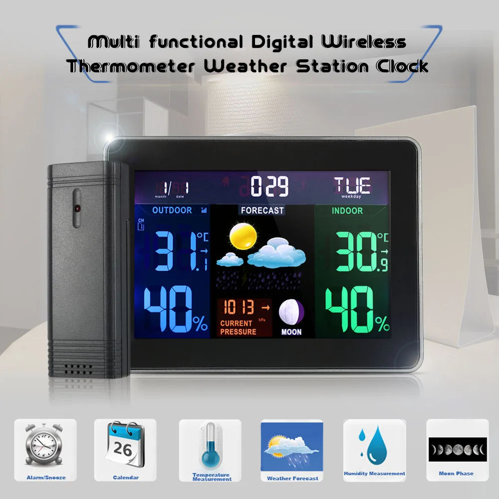 

Digital LCD Wireless Weather Station Temperature Indoor Outdoor Thermometer Hygrometer Barometer Alarm Clock Snooze Function