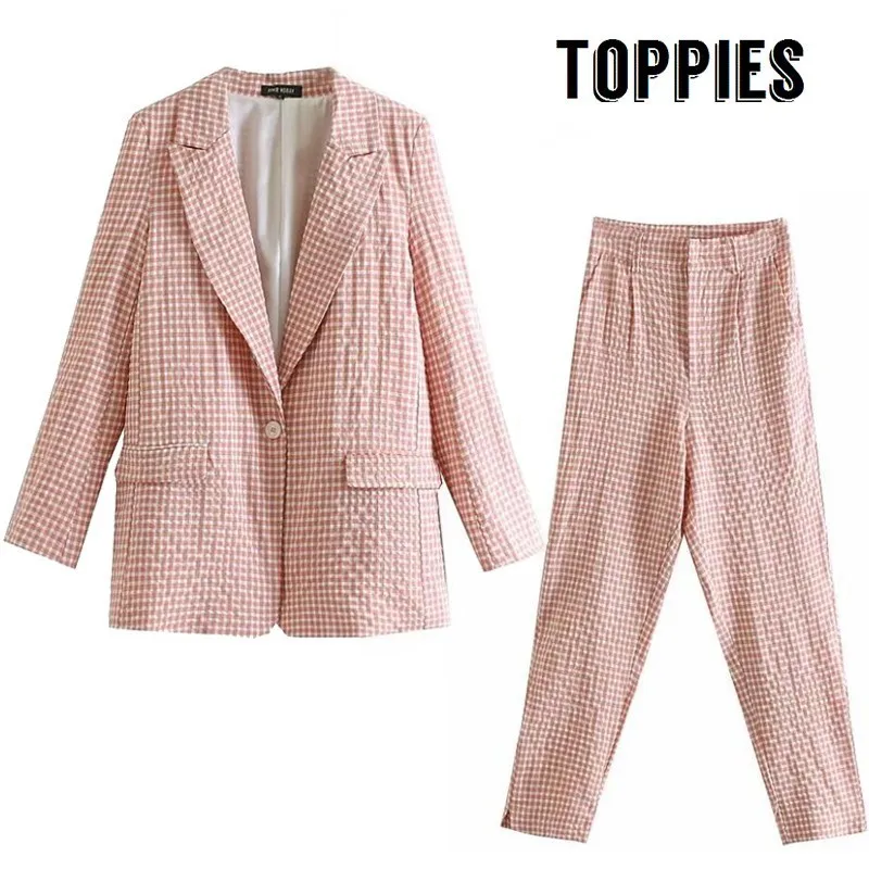 

2019 Pink Plaid Suit Sets Single Button Blazer High Waist Harem Pants Office Lady Formal Summer Two Piece Set