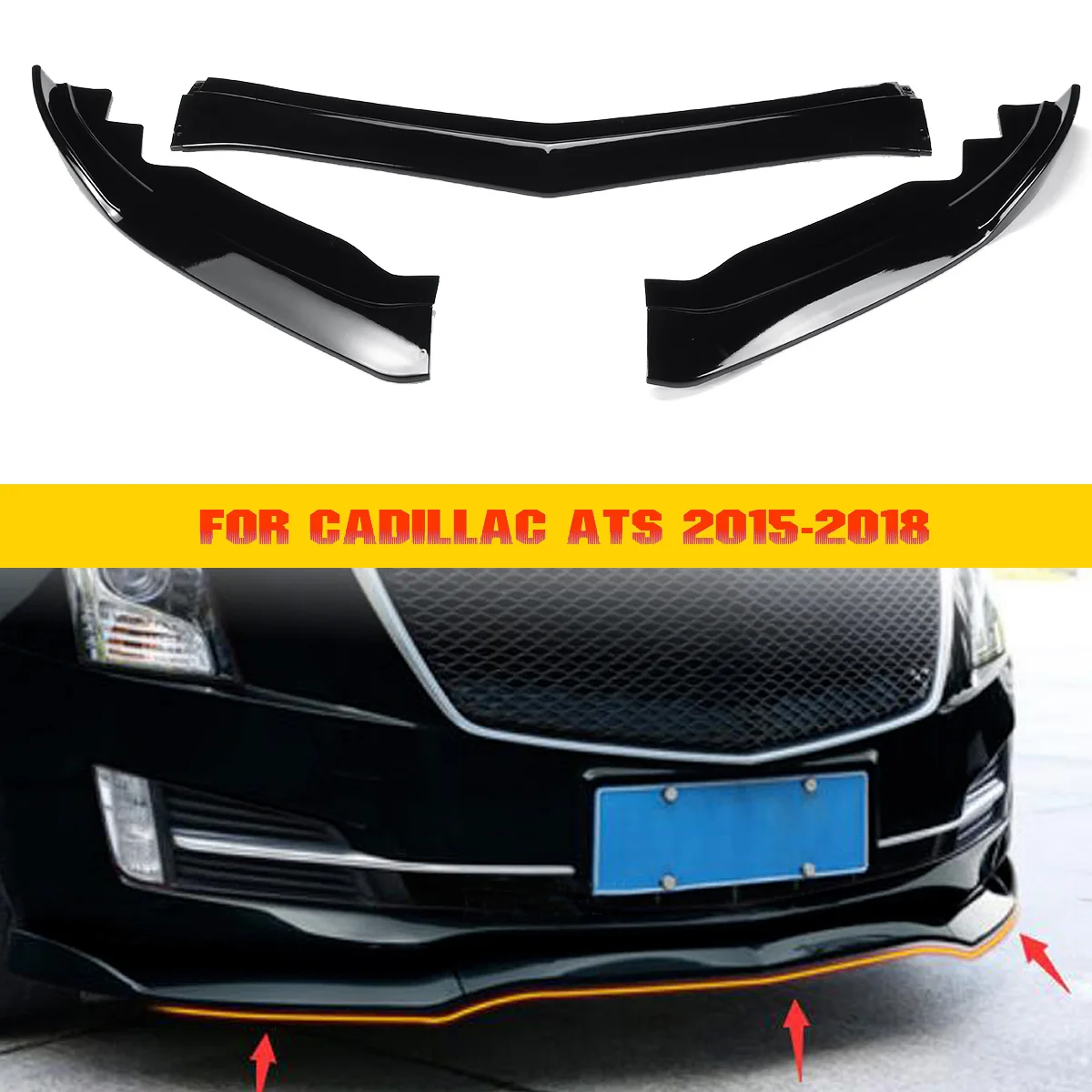 3 piezas de labio de parachoques delantero del coche para Cadillac ATS 2015-2018 piezas exteriores parachoques delantero del coche brillo de labios negro recorte cubierta