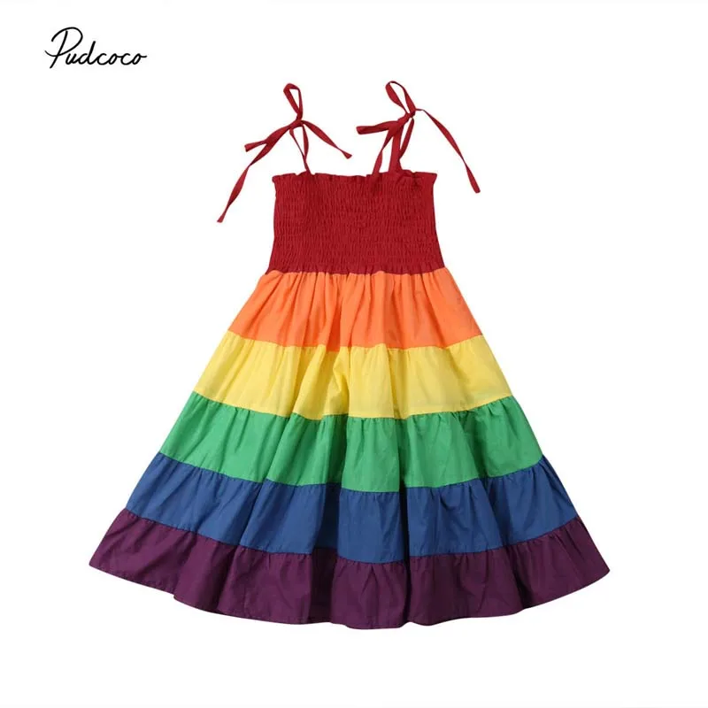 2019 Brand Girls Kid Baby Princess Sleeveless Tutu Dress New Summer Boho Bandage Rainbow Stripe Party Wedding Flower | Детская одежда и