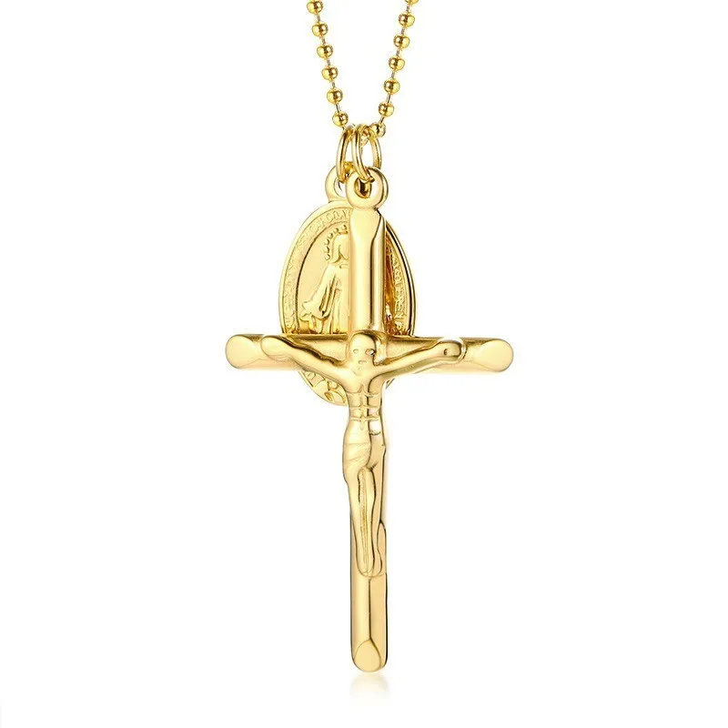 

Virgin Mary Gold Cross Charm Miraculous Medal Pendant Necklace Religious Jewelry Gift for Her