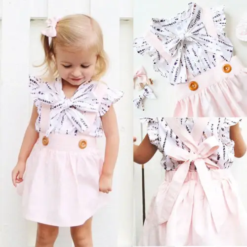 New Summer Toddler Kids Baby Girl Ruffle Edge Sleeve Bowknot Strap Tie Tops T-shirt Pink Suspender Skirt Casual Outfit Clothes | Мать и