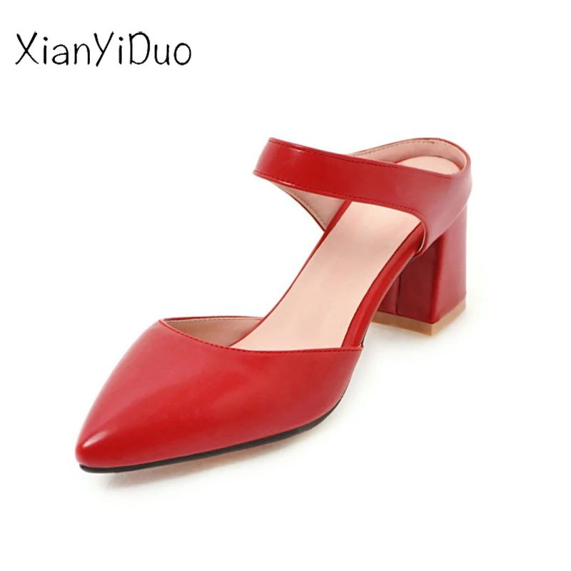 

xianyiduo2019 new Summer outside Women's Shoes Slippers high Heels block plus size 34-46 Closed toe Pointed Slides red White/d-7