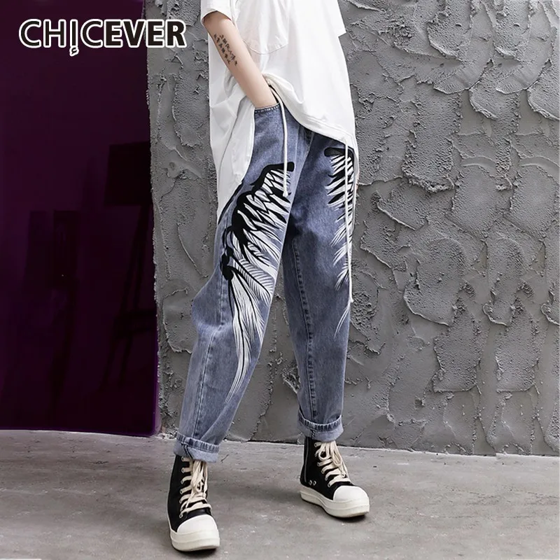 

CHICEVER Summer Light Wash Print Women Denim Pant Button Fly High Waist Pockets Loose Female Harem Pants 2019 Fashion Korean New