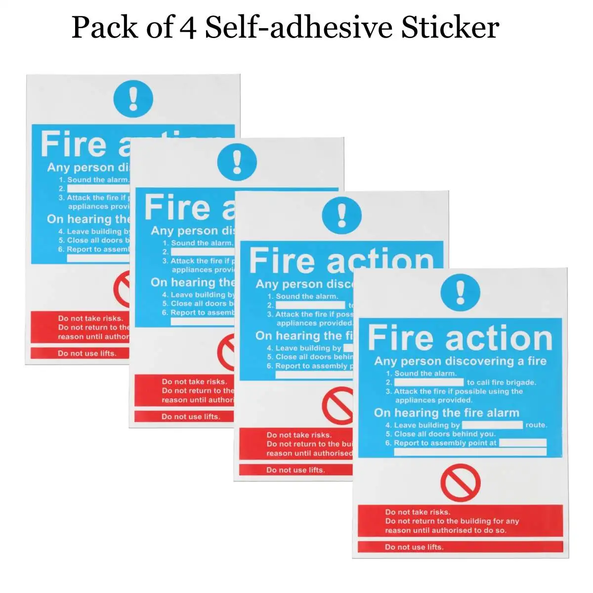 

4pcs for Fire Action Sign Self-adhesive PVC Safety Sticker Waterproof 205x290mm